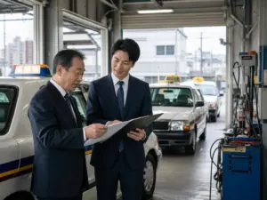 タクシー車庫で事業承継を話し合う経営者と後継候補