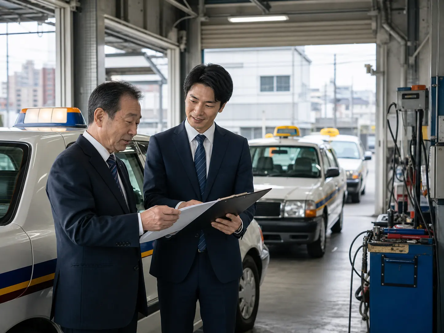 タクシー車庫で事業承継を話し合う経営者と後継候補