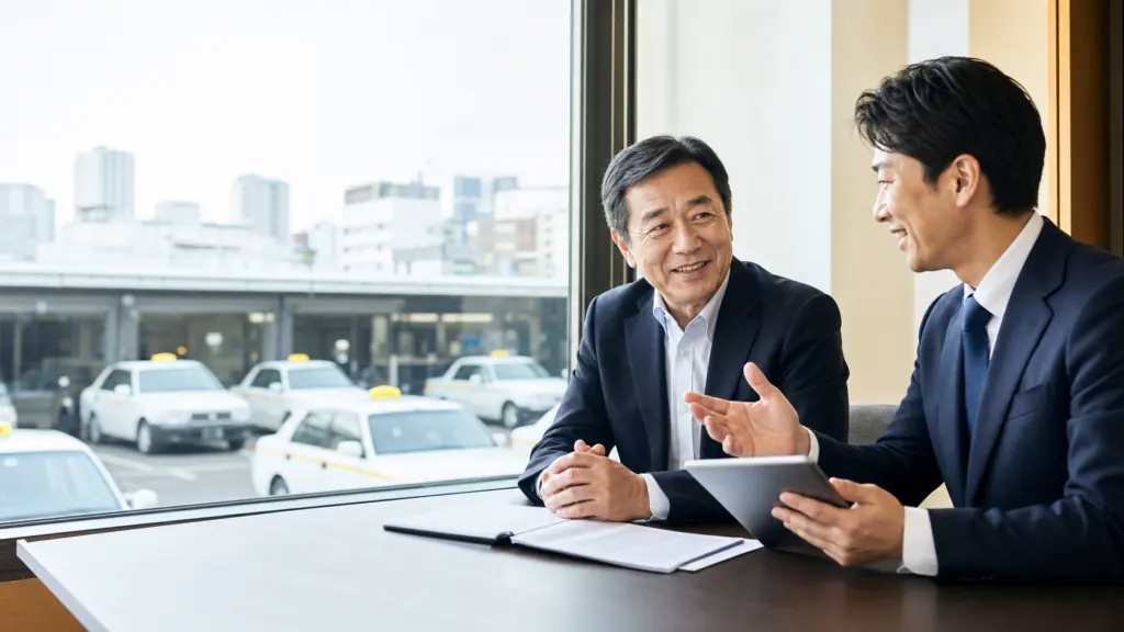 タクシー会社の事業承継を相談する経営者とM&Aアドバイザー