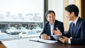 タクシー会社の事業承継を相談する経営者とM&Aアドバイザー