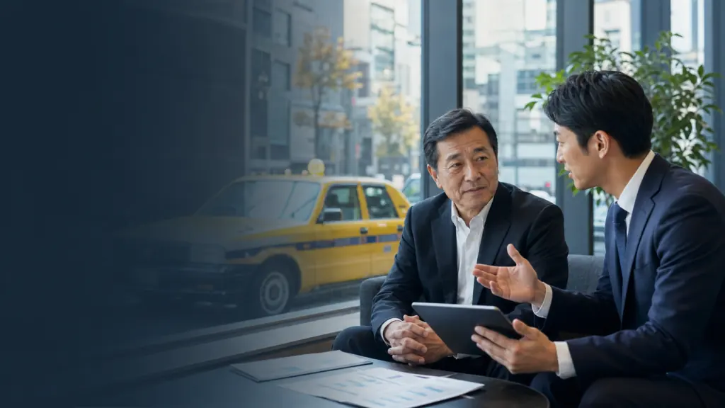 タクシー会社のM&A相談に臨む経営者とアドバイザー