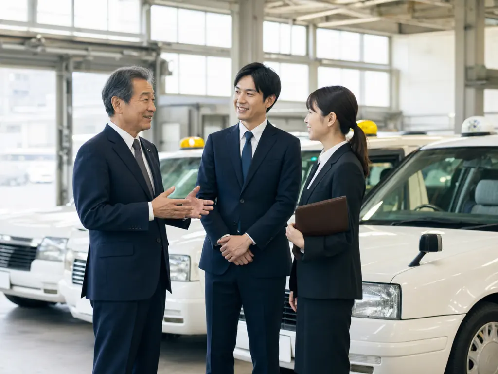 タクシー車庫で事業承継を話し合う経営者と後継候補