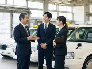 タクシー車庫で事業承継を話し合う経営者と後継候補