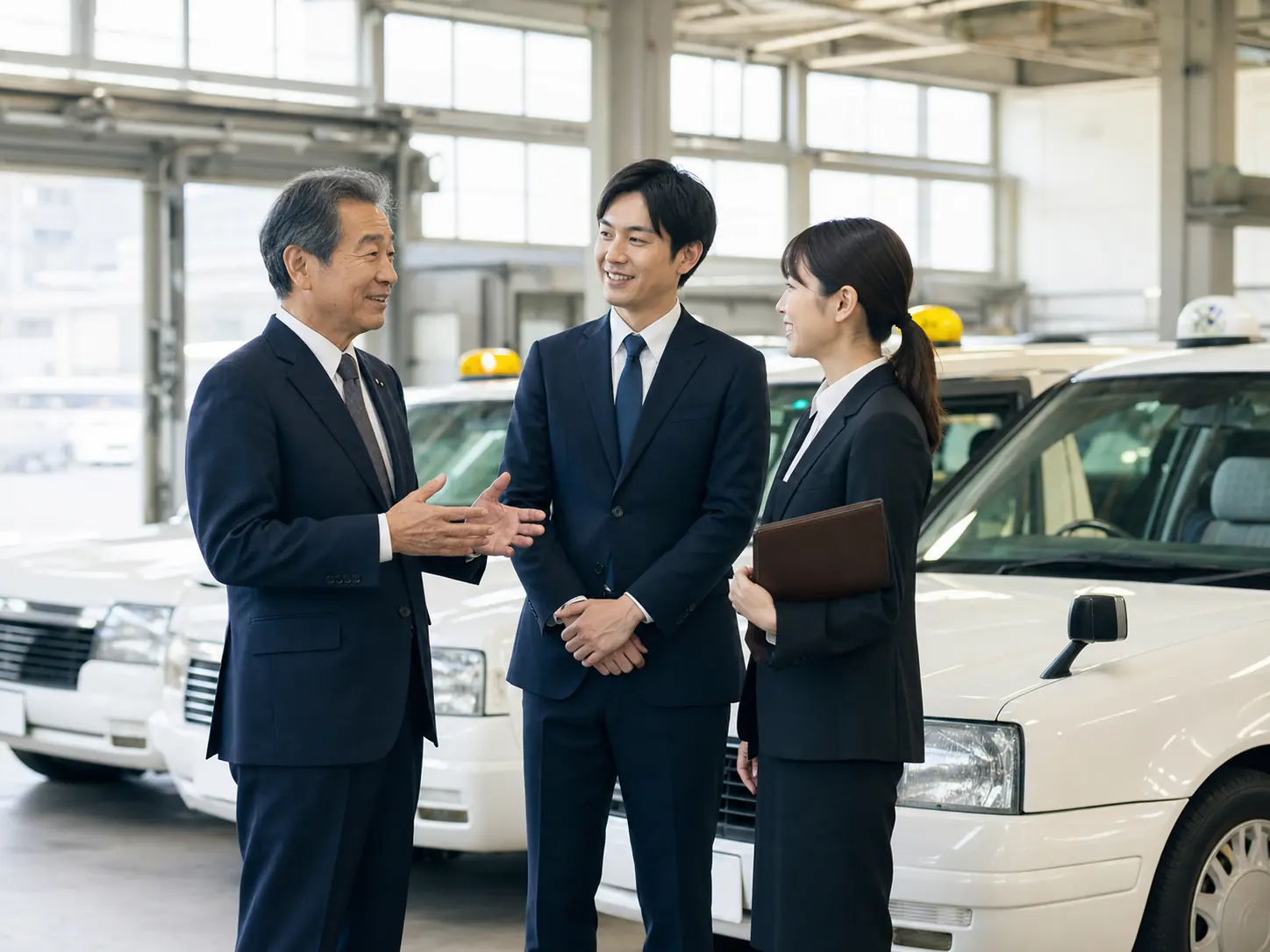 タクシー車庫で事業承継を話し合う経営者と後継候補