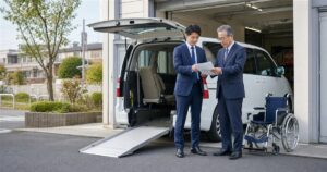 福祉車両の前で事業承継を確認する経営者と後継者―介護タクシーM&Aのアイキャッチ