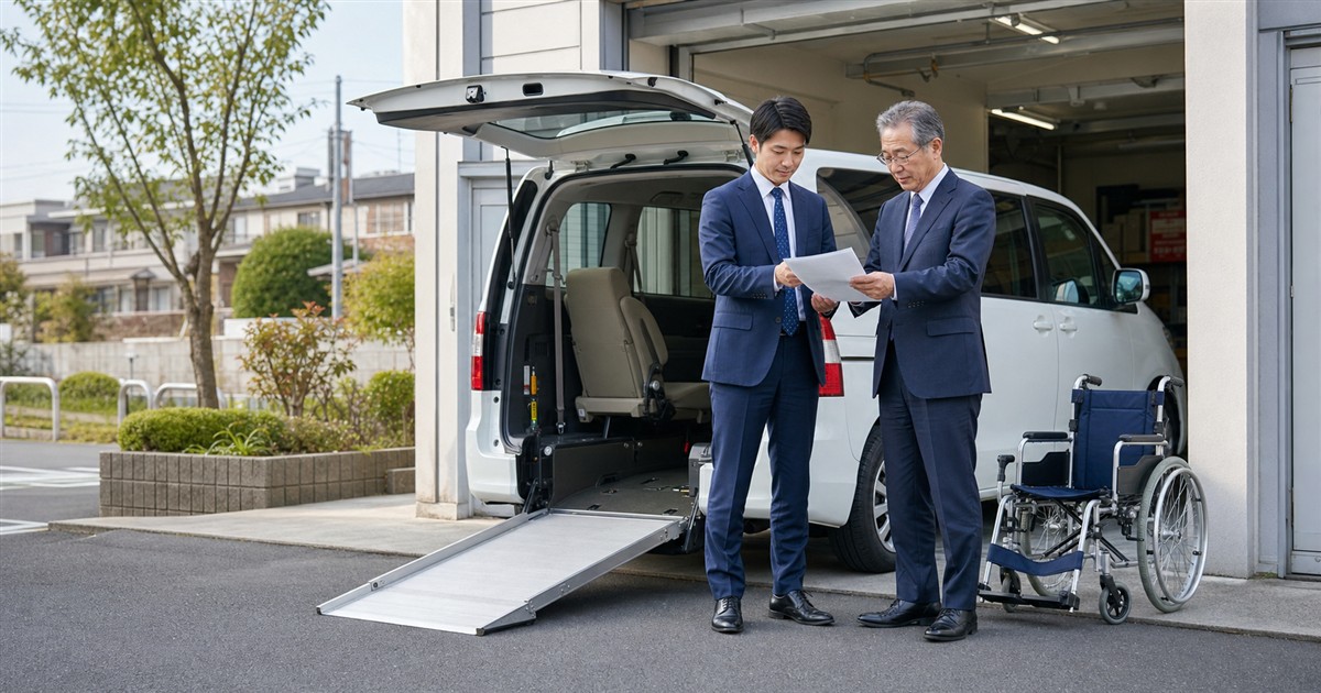 福祉車両の前で事業承継を確認する経営者と後継者―介護タクシーM&Aのアイキャッチ