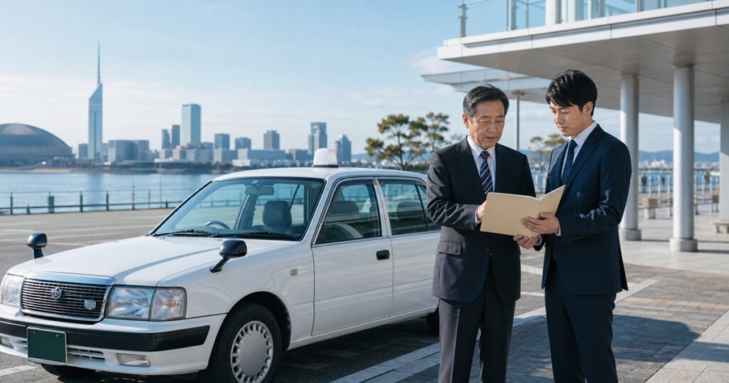 福岡の都市景観とタクシーの前で事業承継を確認する経営者と後継者―福岡 タクシー会社 M&A