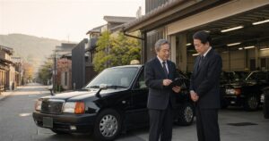 京都のタクシー車庫で事業承継を話し合う経営者―京都タクシー会社M&Aのアイキャッチ