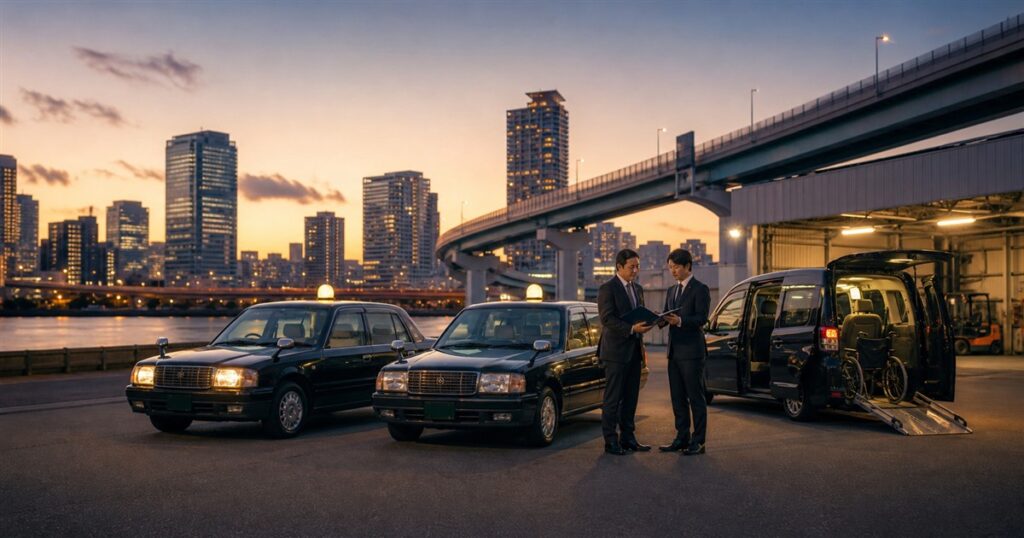 大阪の都市部を走るタクシーと事業承継を話し合う経営者を描いた大阪タクシー会社M&Aのアイキャッチ