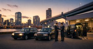 大阪の都市部を走るタクシーと事業承継を話し合う経営者を描いた大阪タクシー会社M&Aのアイキャッチ