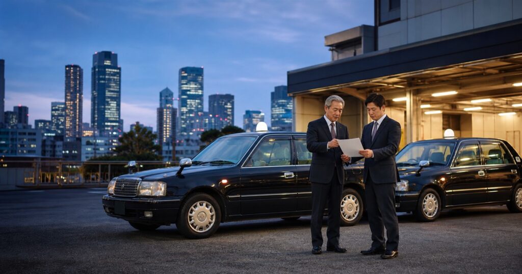 東京のタクシー車庫で事業承継について話し合う経営者―東京タクシー会社M&Aのアイキャッチ