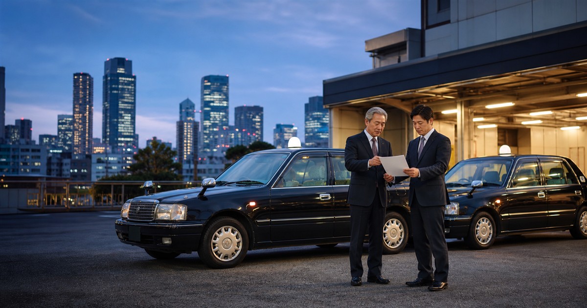 東京のタクシー車庫で事業承継について話し合う経営者―東京タクシー会社M&Aのアイキャッチ