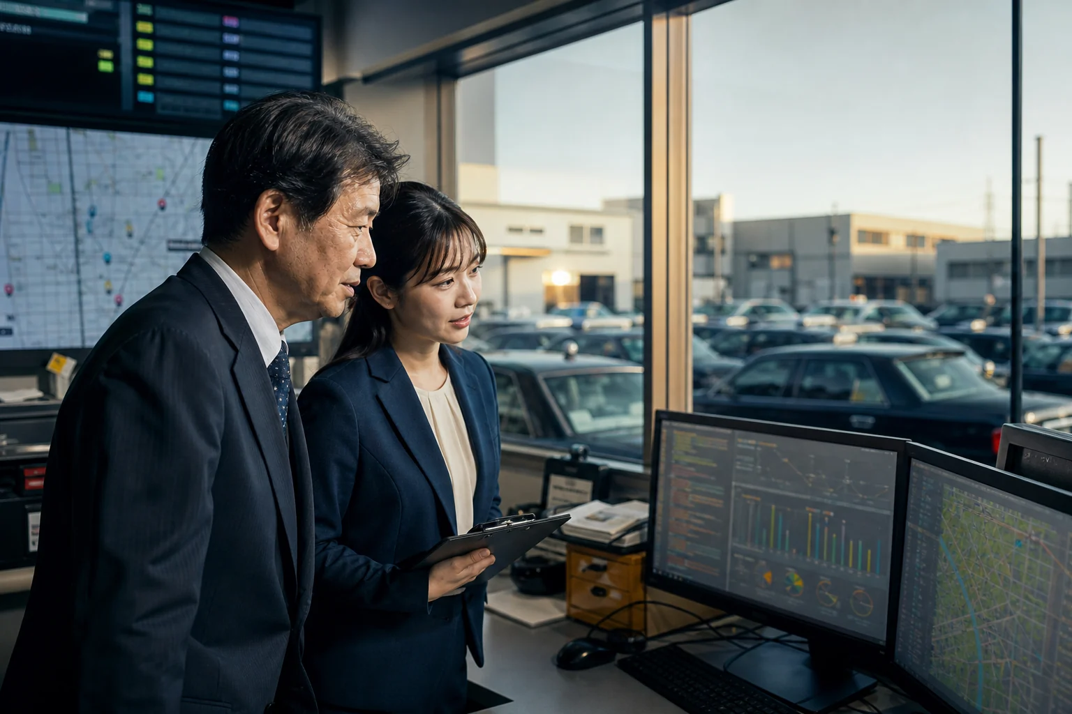 配車センターで運行データを確認する担当者
