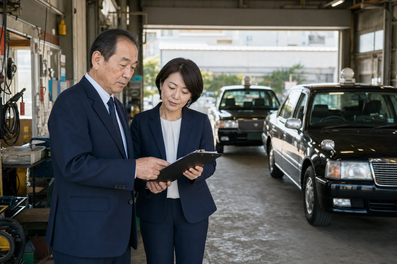 タクシー車庫で承継資料を確認する経営者と女性アドバイザー