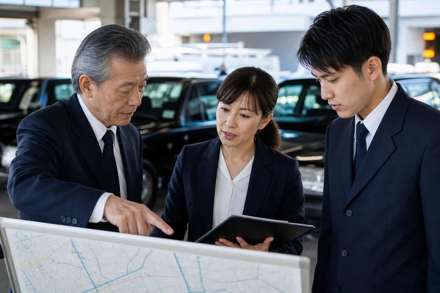 タクシー車庫で運行計画を確認する三人のスタッフ