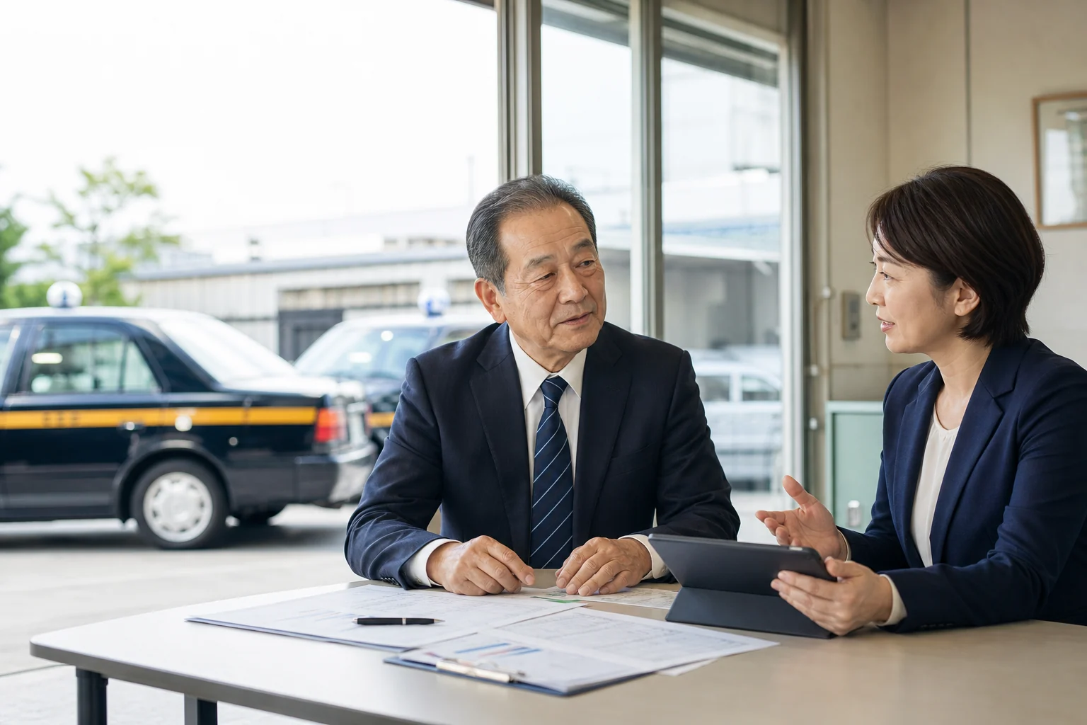 タクシー会社の事業承継について打ち合わせる経営者とアドバイザー